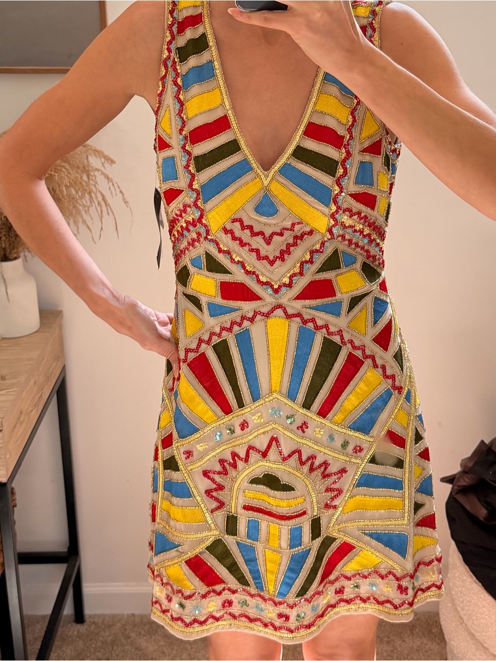 Aiden Multicolor Beaded V-Neck Mini Dress - Red, Yellow, Blue, Green, Cream